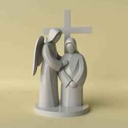 Minimalist Angel with Virgin Mary Statue and Cross