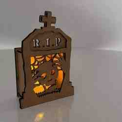 RIP Tombstone Candle Holder SVG - Halloween Lantern Laser Cut File - Skull Tea Light Box