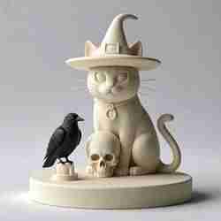 2204 Witch Cat Composition - Skull, Raven & Candleholder on Shared Ivory Base, magic, dragon, serpent, mask, gnome, gorgon, venetian carnival, wild, fox, monster, cat, fair, witch, werewolf, horror, beast, snake, troll, skeleton dance