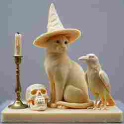 2207 Witch Cat Composition - Skull, Raven & Candleholder on Shared Ivory Base, magic, dragon, serpent, mask, gnome, gorgon, venetian carnival, wild, fox, monster, cat, fair, witch, werewolf, horror, beast, snake, troll, skeleton dance