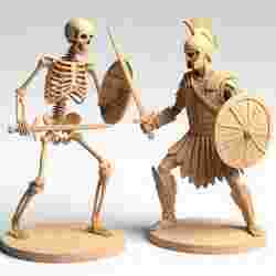 2246 Duel of Skeleton and Warrior - 3D-Printed Wooden Statues, magic, dragon, serpent, wood, gnome, gorgon, warrior, wild, fox, monster, cat, fair, witch, werewolf, horror, beast, snake, troll, skeleton dance