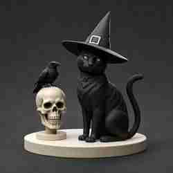 2247 Witch Cat Composition - Skull, Raven & Candleholder on Shared Ivory Base, magic, dragon, serpent, mask, gnome, gorgon, venetian carnival, wild, fox, monster, cat, fair, witch, werewolf, horror, beast, snake, troll, skeleton dance