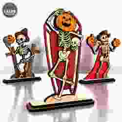 Halloween Skeleton Figurines Set – Laser Cut Files | Pumpkin & Skeleton Miniatures | Halloween Wooden Decorations