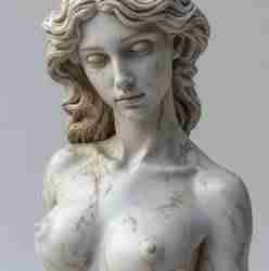 A marble bust of a woman with long, flowing hair. She has a serene expression and is depicted from the shoulders up, with a sculpted neckline. The surface shows some texture and subtle variations in color.