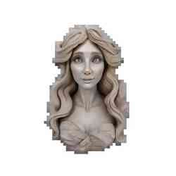 A stylized bust of a young woman with long, wavy hair and a serene expression. She has large eyes and a smooth, stylized face, wearing a top that resembles flowing fabric