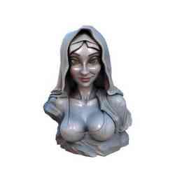 A sculpted bust of a female figure is prominently positioned, characterized by a harmonious blend of stylization and realism