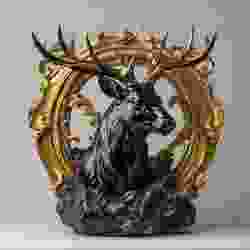 Black and Gold Majesty: A Striking Sculpture of a Deer Head with Ornate Antlers in a Gilded Frame