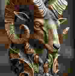 This meticulously crafted bronze ram's head sculpture showcases remarkable detail, spiraled horns, and an aura of strength and wisdom