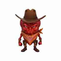 An angry, cartoonish red pepper character wearing a cowboy hat and bandana stands in a desert landscape at sunset