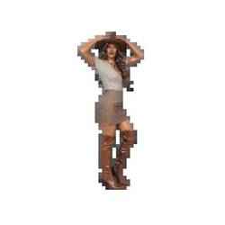 A brown cowboy hat, white top, houndstooth skirt, and brown knee-high boots