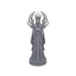 A statue of a gothic fantasy queen with a spiky crown and stylized wings, standing on a round base