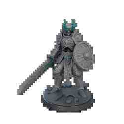 A skeleton warrior in ornate armor with glowing blue eyes and flaming horns, holding a sword and a shield with runes, standing on a rubble-strewn base
