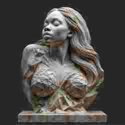 Ethereal Serenity: A Marble Bust of a Female Figure with Intricate Angular Facets and Graceful, Flowing, Carved Hair