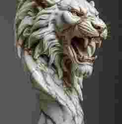Golden Roar of the Lion: A Majestic White Marble Sculpture Showcasing Fierce Power, Intricate Mane Detail, and Luxurious Gold Veining