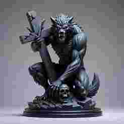 2318 Werewolf Howling with Skull - 3D Model, magic, dragon, serpent, wood, gnome, gorgon, warrior, wild, fox, monster, cat, fair, witch, werewolf, horror, beast, snake, troll, skeleton dance