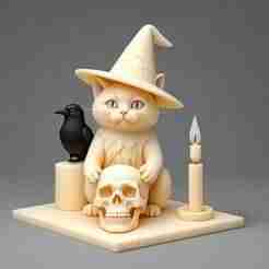 2331 Witch Cat with Skull, Raven, and Candlestick - Ivory-Style Figurine, magic, dragon, serpent, wood, gnome, gorgon, warrior, wild, fox, monster, cat, fair, witch, werewolf, horror, beast, snake, troll, skeleton dance