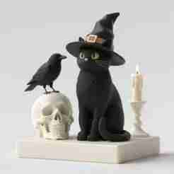 2337 Witch Cat with Skull, Raven, and Candlestick - Ivory-Style Figurine, magic, dragon, serpent, wood, gnome, gorgon, warrior, wild, fox, monster, cat, fair, witch, werewolf, horror, beast, snake, troll, skeleton dance