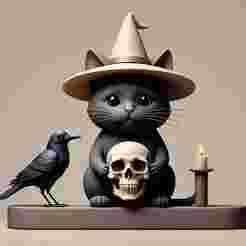 2340 Witch Cat with Skull, Raven, and Candlestick - Ivory-Style Figurine, magic, dragon, serpent, wood, gnome, gorgon, warrior, wild, fox, monster, cat, fair, witch, werewolf, horror, beast, snake, troll, skeleton dance