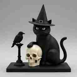 2343 Witch Cat with Skull, Raven, and Candlestick - Ivory-Style Figurine, magic, dragon, serpent, wood, gnome, gorgon, warrior, wild, fox, monster, cat, fair, witch, werewolf, horror, beast, snake, troll, skeleton dance