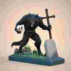 2362 Werewolf Howling with Skull - 3D Model, magic, dragon, serpent, wood, gnome, gorgon, warrior, wild, fox, monster, cat, fair, witch, werewolf, horror, beast, snake, skeleton dance, halloween