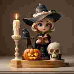 2367 Halloween Witch with Spell book, Skull, Raven and Pumpkin - Color 3D Model on Pedestal, halloween, magic, dragon, serpent, mask, gnome, gorgon, wild, fox, monster, cat, fair, witch, werewolf, horror, beast, snake