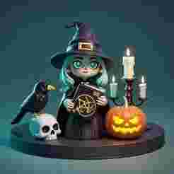 2369 Halloween Witch with Spell book, Skull, Raven and Pumpkin - Color 3D Model on Pedestal, halloween, magic, dragon, serpent, mask, gnome, gorgon, wild, fox, monster, cat, fair, witch, werewolf, horror, beast, snake
