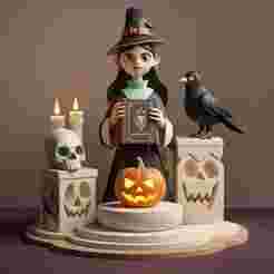 2378 Halloween Witch with Spell book, Skull, Raven and Pumpkin - Color 3D Model on Pedestal, Halloween, magic, spider, mask, gnome, gorgon, wild, bat, monster, mutant, fair, witch, werewolf, horror, beast, mutant spider, skeleton, skull