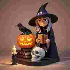 2382 Halloween Witch with Spell book, Skull, Raven and Pumpkin - Color 3D Model on Pedestal, Halloween, magic, spider, mask, gnome, gorgon, wild, bat, monster, mutant, fair, witch, werewolf, horror, beast, mutant spider, skeleton, skull