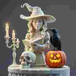 2400 Halloween Witch with Spell book, Skull, Raven and Pumpkin - Color 3D Model on Pedestal, halloween, magic, spider, mask, gnome, gorgon, wild, bat, monster, mutant, fair, witch, werewolf, horror, beast, mutant spider, skeleton, skull