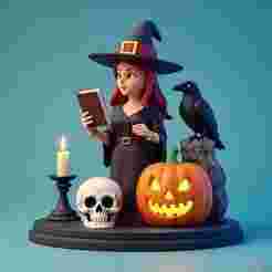 2416 Halloween Witch with Spell book, Skull, Raven and Pumpkin - Color 3D Model on Pedestal, Halloween, magic, spider, mask, gnome, gorgon, wild, bat, monster, mutant, fair, witch, werewolf, horror, beast, mutant spider, skeleton, skull