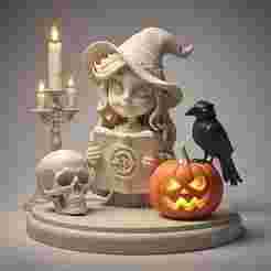 2417 Halloween Witch with Spell book, Skull, Raven and Pumpkin - Color 3D Model on Pedestal, halloween, magic, spider, mask, gnome, gorgon, wild, bat, monster, mutant, fair, witch, werewolf, horror, beast, mutant spider, skeleton, skull