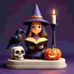 2418 Halloween Witch with Spell book, Skull, Raven and Pumpkin - Color 3D Model on Pedestal, Halloween, magic, spider, mask, gnome, gorgon, wild, bat, monster, mutant, fair, witch, werewolf, horror, beast, mutant spider, skeleton, skull