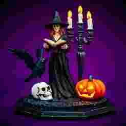 2419 Halloween Witch with Spell book, Skull, Raven and Pumpkin - Color 3D Model on Pedestal, halloween, magic, spider, mask, gnome, gorgon, wild, bat, monster, mutant, fair, witch, werewolf, horror, beast, mutant spider, skeleton, skull