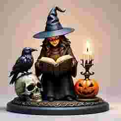 2430 Halloween Witch with Spell book, Skull, Raven and Pumpkin - Color 3D Model on Pedestal, Halloween, magic, spider, mask, gnome, gorgon, wild, bat, monster, mutant, fair, witch, werewolf, horror, beast, mutant spider, skeleton, skull