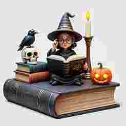 2432 Halloween Witch with Spell book, Skull, Raven and Pumpkin - Color 3D Model on Pedestal, Halloween, magic, spider, mask, gnome, gorgon, wild, bat, monster, mutant, fair, witch, werewolf, horror, beast, mutant spider, skeleton, skull