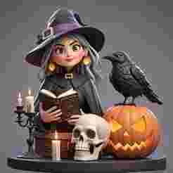 2441 Halloween Witch with Spell book, Skull, Raven and Pumpkin - Color 3D Model on Pedestal, Halloween, magic, spider, mask, gnome, gorgon, wild, bat, monster, mutant, fair, witch, werewolf, horror, beast, mutant spider, skeleton, skull