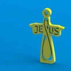 3D cross with wings and openwork text "JESUS" - Modern religious pendant and keychain