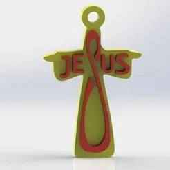 3D cross with wings and text "JESUS" embossed - Modern religious pendant and keychain