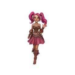A confident fantasy character design featuring vibrant pink pigtails, mischievous green eyes, and a playful, whimsical and friendly pose