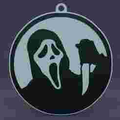 A keychain with the movie Scream on it.
