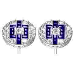 Blue Sapphire and Diamond Art Deco Stud Earring