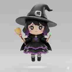 chibi witch with broom and cute kawaii wand