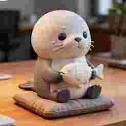Cute Seal with Fish 3D Print Model | Kawaii Animal Figurine STL