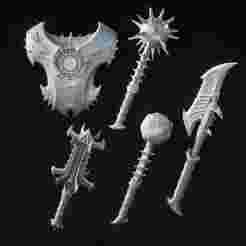 Doom "The Dark Ages" Malee Titan Weapons Pack x 5 - Shield + Mace x 3 + Sword + Grip - Slayer Doom - Doom "The Dark Ages" Malee Weapons Pack x 5 - Shield + Mace x 3 + Sword + Grip - Slayer Doom