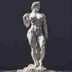 Elegant Musculature: This Confident White Stone Sculpture Balances Well-Defined Strength with a Classic Hair Style and Determined Expression