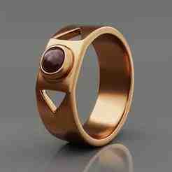 Geometric Gold Ring with Red Gemstone - Modern 3D Print Jewelry