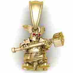 Golden Dwarf Warrior Pendant with Ruby Eyes and Hammer