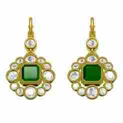 Green Emerald Round Diamond Bazel Set Flower Earring