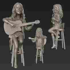 Guitar Girl on Bar Stool (20cm)