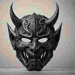 Japanese-Inspired Black Demon Mask Sculpture